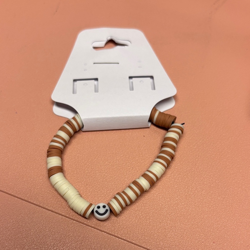 Kids Smiley Face Beaded Bracelet - Brown and Cream